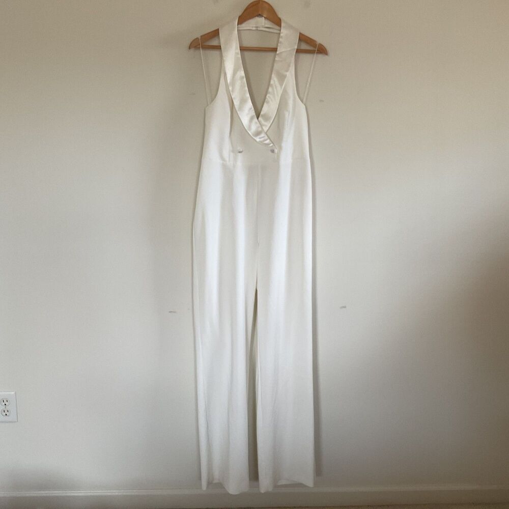 Aidan Mattox Crepe tuxedo halter jumpsuit 14 satin lapel V-neckline Ivory Bridal